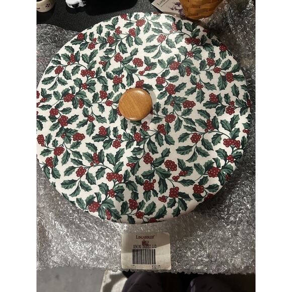 Longaberger Baskets Sewing Large Apple Lid Holly Christmas fabric NEW Host Only - Picture 1 of 2